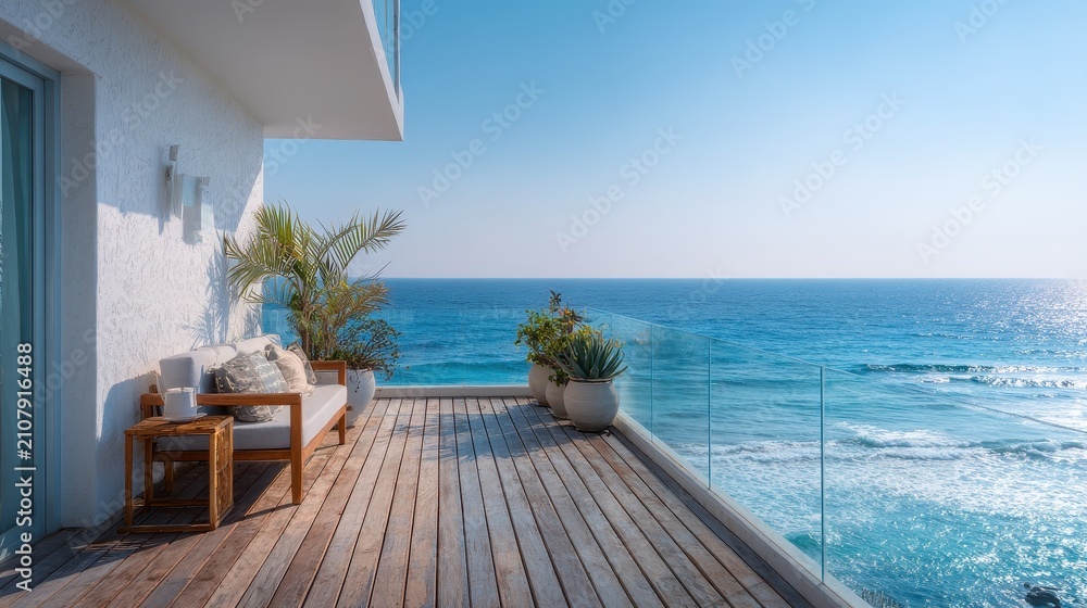 Fototapeta premium Coastal balcony overlooking the horizon and blue water at sunrise