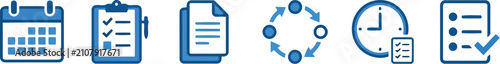 Set of blue business planning and project management icons showing calendar clipboard document process clock and checklist for office productivity and organization
