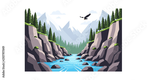 Bild auf Leinwand Eagle flying over river canyon and mountain peaks