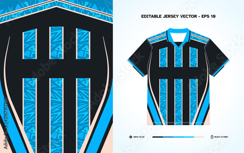 Black and sky blue sports jersey design template featuring abstract geometric pattern stripes with beige side accents for soccer football club kit, activewear t-shirt mockup, and sublimation print