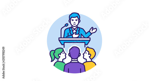 Foto Public speaker addressing audience from a podium illustration.