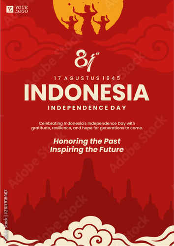 Indonesia Independence Day Poster with Traditional Indonesian Ornament, Cultural Dance, Landmark, 17 August 1945 National Celebration