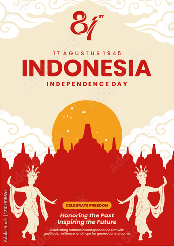 Indonesia Independence Day Poster with Traditional Indonesian Ornament, Cultural Dance, Landmark, 17 August 1945 National Celebration