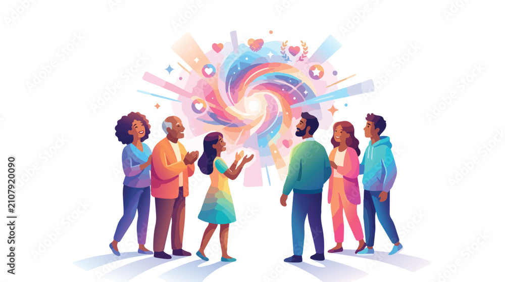 Fototapeta premium Diverse group of people standing around a glowing colorful abstract energy vortex.