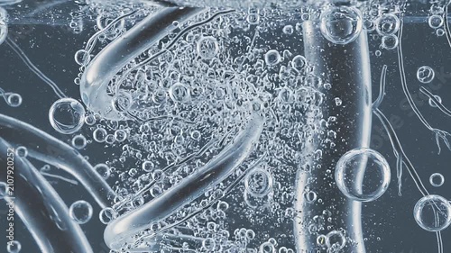 Elegant 3D macro animation of luminous collagen fibers intertwined with translucent vitamin serum bubbles suspended in pristine clear liquid.