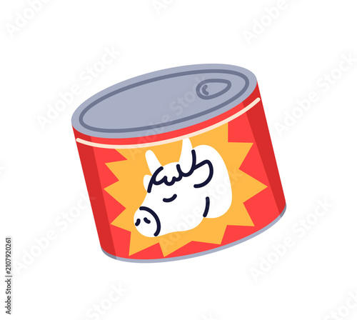 Canned beef. Stew meat product in tin can. Preserve, grocery in metal package...