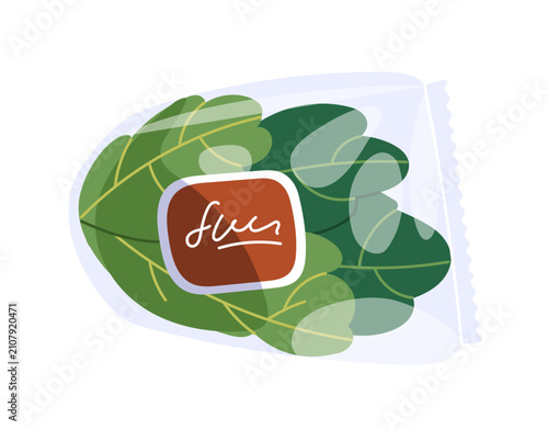Greens packed in plastic bag with label. Salad leaves, grocery store product ...