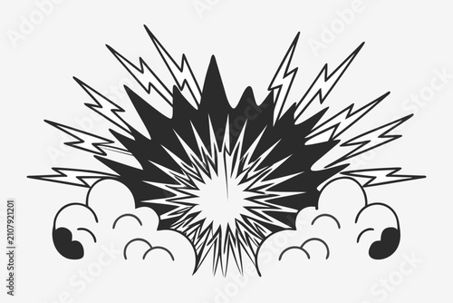 Black and white manga explosion effect. Dynamic comic-style burst with lightning and smoke visuals. Illustration for action scenes, comic art, and...