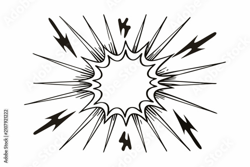 Black and white manga explosion effect. Dynamic comic-style burst with lightning and sharp lines, ideal for action scenes and graphic design projects.