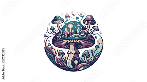 Foto Whimsical Mushroom Forest Illustration with Psychedelic Colors.