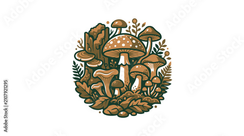 Obraz na płótnie Forest mushrooms growing on a mossy log with leaves.