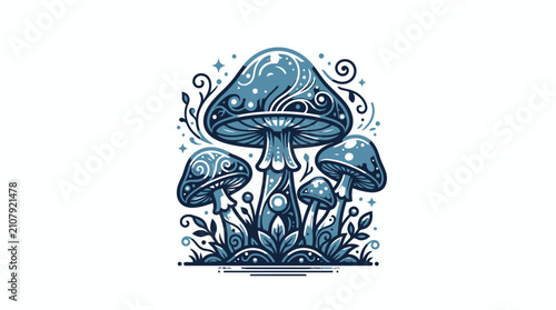 Obraz na płótnie Whimsical Blue Mushrooms with Swirling Patterns and Stars.