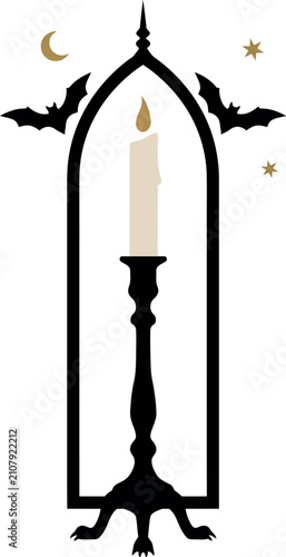 Candle in gothic arch with bats and moon vector illustration for spooky themes