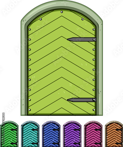 portal ancient medieval door cartoon. threshold lintel, hinges knocker, carvings ornamentation portal ancient medieval door sign colorful illustration