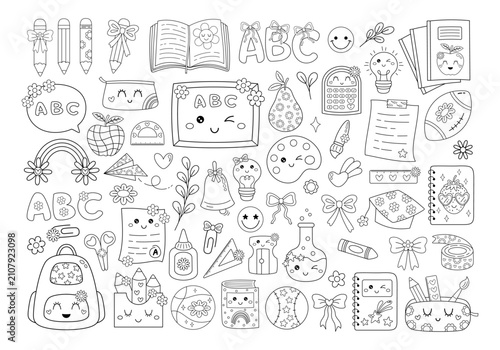 Retro school coloring page, Back to school coloring book, Education Digital Stamp, School Supplies Outline Doodle, Linear Printable Activities for Kids and Adults