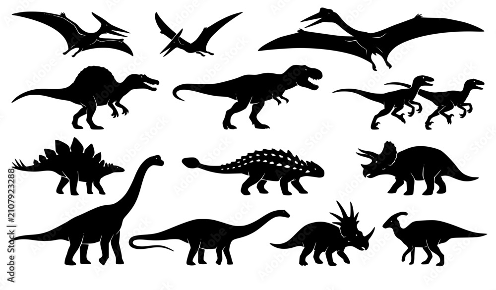 Obraz premium Black Dinosaur Silhouette Collection Prehistoric Animal Vector Set