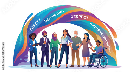 Diverse group of professional colleagues standing together for inclusivity and equality.