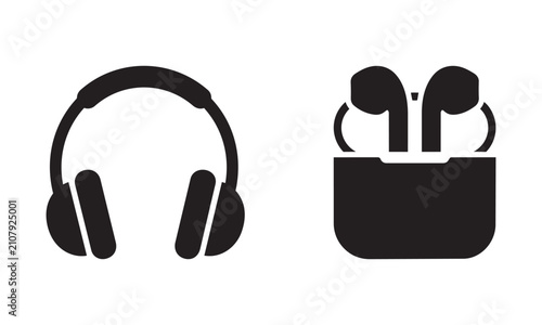 Audio equipment icons featuring large over ear headphones and wireless earbuds stored inside a charging portable case