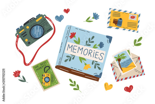 Retro camera and photo album memories cliparts isolated on a white background2. Vector photo objects set illustration.