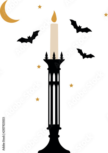 Candle in ornate holder with bats and moon during nighttime Halloween celebration vector illustration