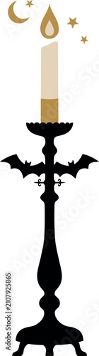 Candle in ornate gothic candlestick with moon and stars during spooky night vector illustration