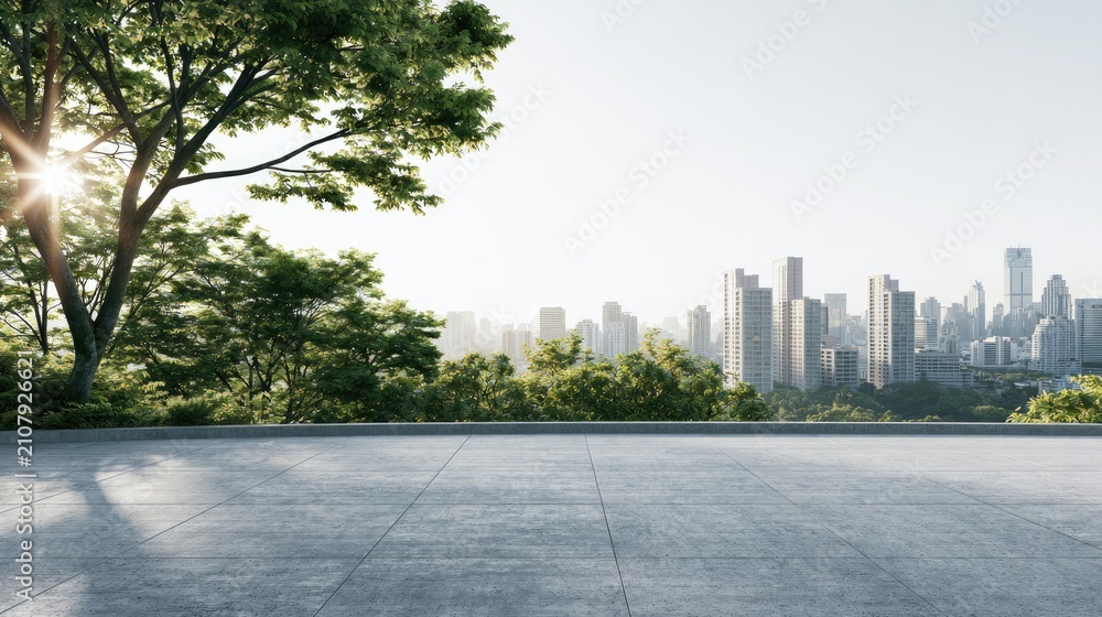 Obraz premium Sunny cityscape viewed from a tranquil elevated balcony overlooking lush trees