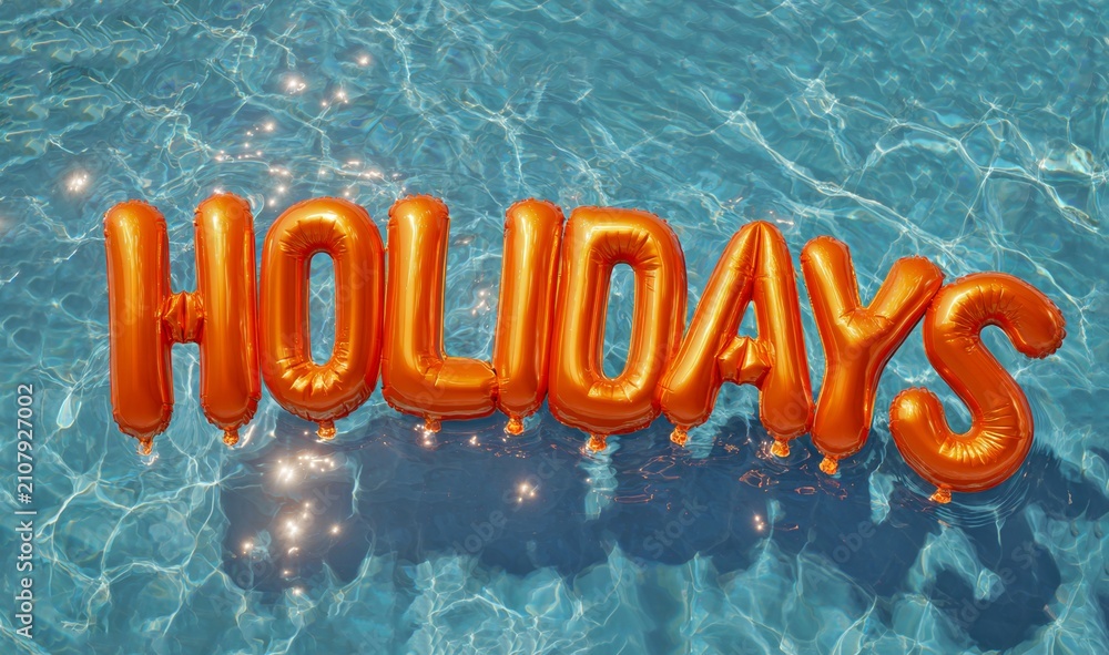 Obraz premium Colorful orange balloons spell the word holidays, floating on blue water. A vibrant and playful image perfect for summer themes. Great for travel, leisure, and vacation content. AI