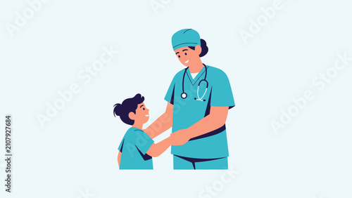 Caring female doctor in scrubs comforting a young boy during a medical visit, illustrating pediatric healthcare support and trust.
