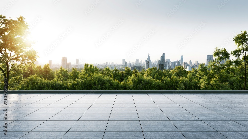 Fototapeta premium Sunlit balcony overlooks lush forest and distant, hazy skyscrapers