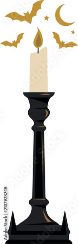 Candle in ornate holder with bats and moon during spooky night vector illustration