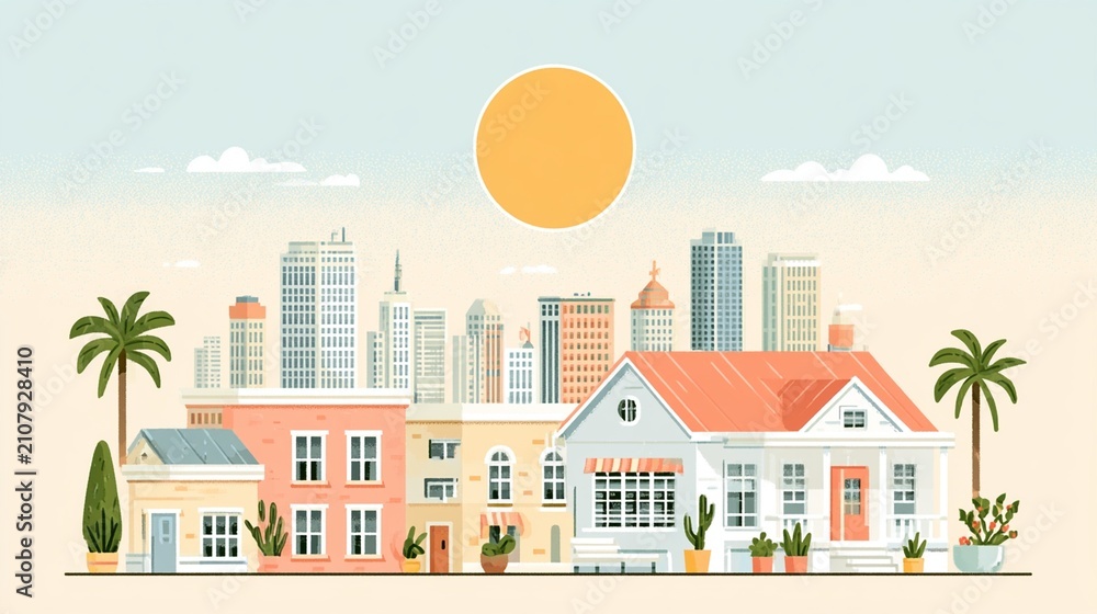 Fototapeta premium Textured flat graphic illustration of a calm suburban street with colorful houses and palm trees against a modern city skyline, a concept for community and real estate.