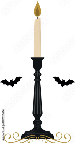 Candle in ornate holder with bats during Halloween night Vector Illustration