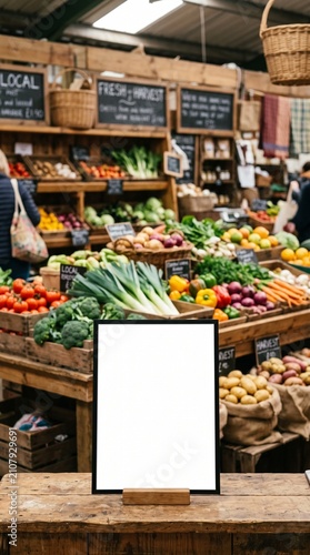 Farmer's market stall with fresh produce. Local food vendors selling healthy fruits and vegetables.