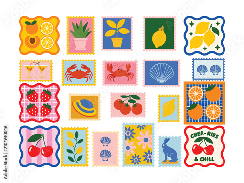 Collection of whimsical summer themed stamp illustrations featuring fruits seashells plants and cute animals in squares