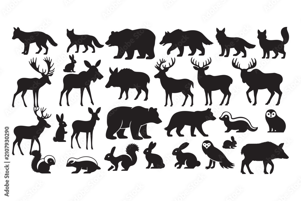 Fototapeta premium Collection of wild forest animal silhouettes including bears wolves deer and rabbits in black ink style