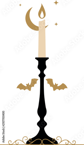 Candle in ornate holder with crescent moon and bats during night Vector Illustration