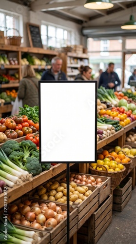 Fresh produce at a farmers market stall. Vibrant fruits and vegetables displayed for sale, lively market scene with shoppers and vendors.