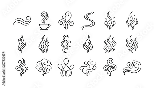 Aroma smoke and steam outline icon set with hot coffee vapor waves smell lines fragrance symbols collection vector.