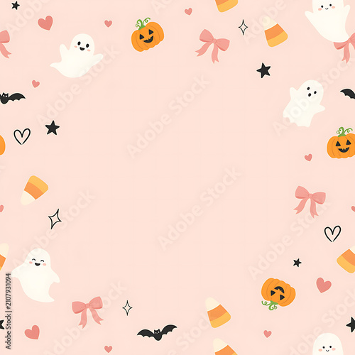 Cute pastel Halloween frame template with spooky ghosts, smiling pumpkins, bows and bats, vector background