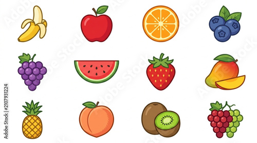 Obraz na płótnie Collection of Fresh Fruits Icons Isolated on White Background.