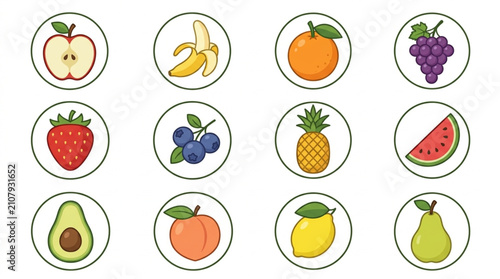 Foto Collection of Fresh Fruits in Circular Frames.