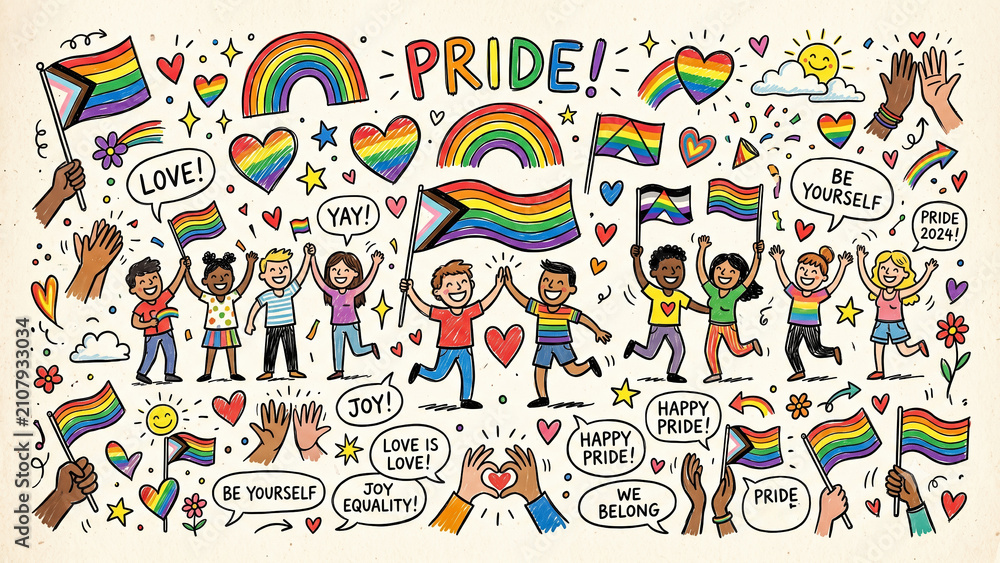 Obraz premium Pride Celebration Doodle Set with Hand Drawn Rainbow Flags Diverse People Hearts Speech Bubbles and Pride Lettering