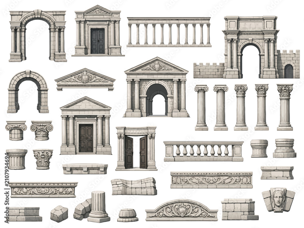 Fototapeta premium Web Ancient Classical Stone Architecture Vector Collection with Roman Arches, Greek Columns, Marble Portals and Historic Architectural Elements