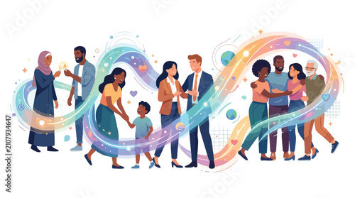 Diverse group of people interacting and connecting with glowing light trails.