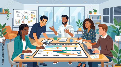 Business team collaborates on a new strategic roadmap in a modern.