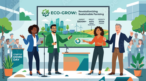 Entrepreneurs present a new sustainable farming project at a startup event.