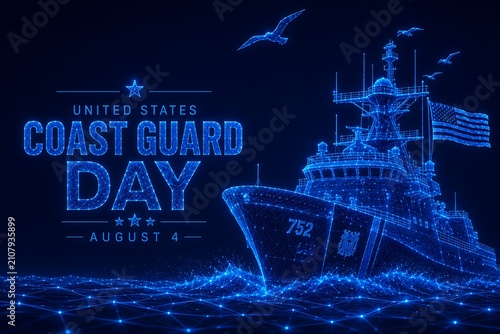 Nautical coast guard cutter ship digital graphic for u.s. coast guard birthday with maritime military protection american graphics seagulls anniversary. u.s. coast guard birthday