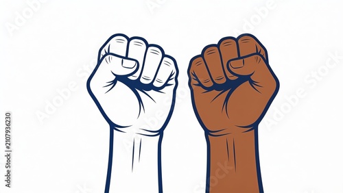 featuring two raised fists, symbolizing solidarity and strength. The layout is simple with a white background, emphasizing the fists. The fist on the left is outlined in dark blue with a white fill, w