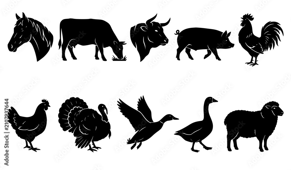 Fototapeta premium Black Farm Animal Silhouettes Livestock Bird and Mammal Vector Collection