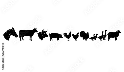 Obraz na plátne Realistic Farm Animal Silhouette Vector Bundle with Horse Cow Pig Poultry and Sh